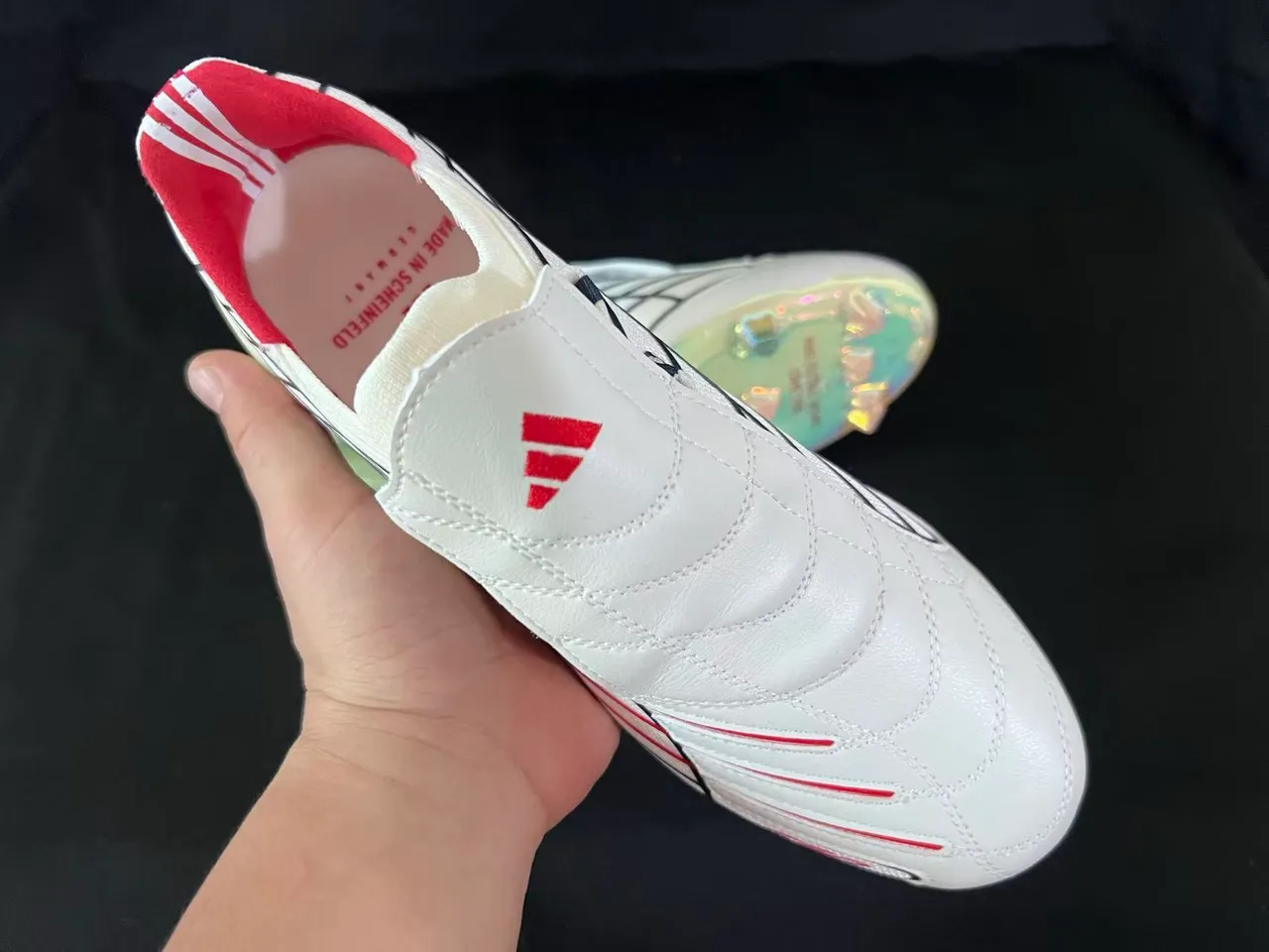 Adidas F50 White Red Grid-Patterned Upper Iridescent Translucent Sole Firm-Ground Soccer Shoes 5