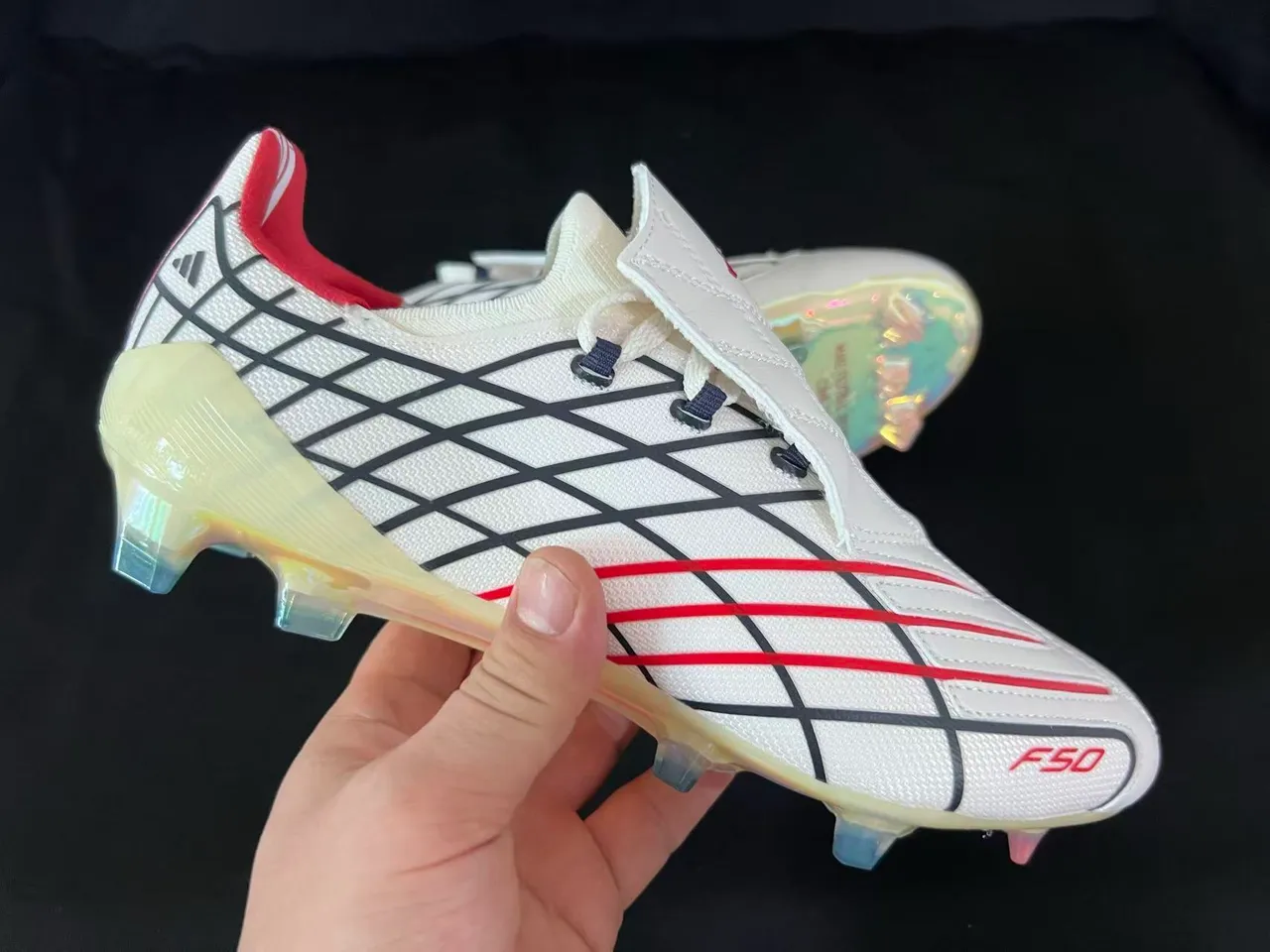 Adidas F50 White Red Grid-Patterned Upper Iridescent Translucent Sole Firm-Ground Soccer Shoes 6