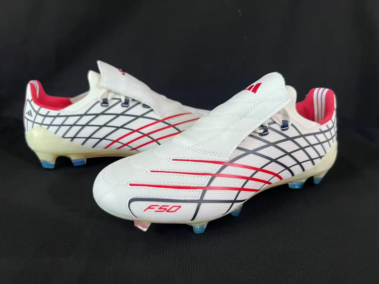 Adidas F50 White Red Grid-Patterned Upper Iridescent Translucent Sole Firm-Ground Soccer Shoes 7
