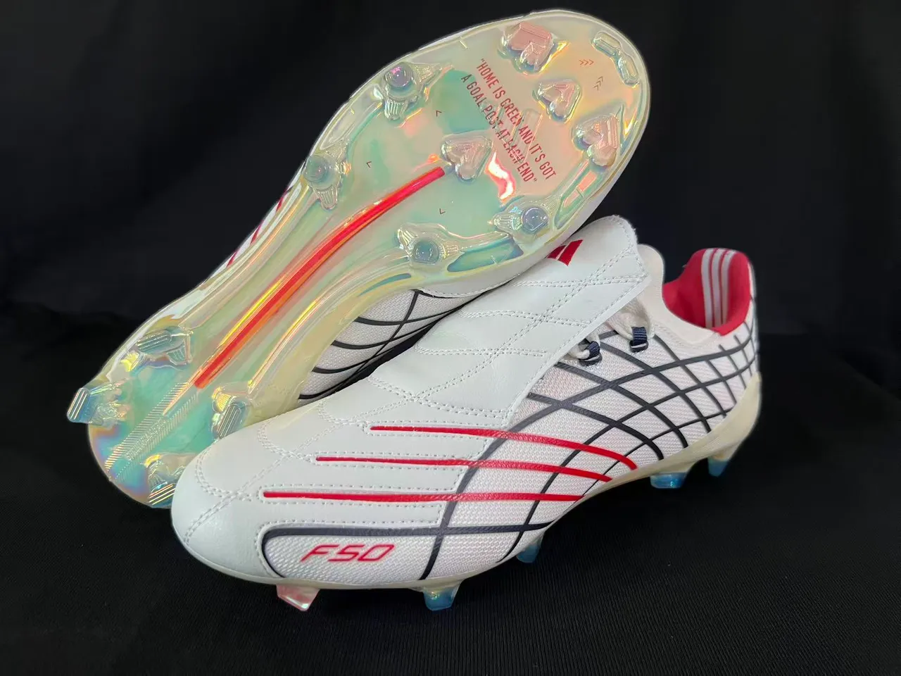 Adidas F50 White Red Grid-Patterned Upper Iridescent Translucent Sole Firm-Ground Soccer Shoes 8