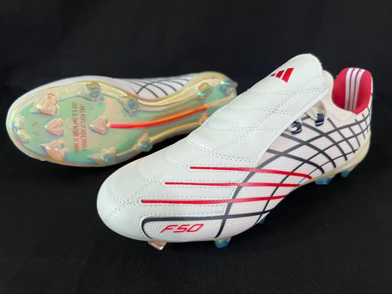 Adidas F50 White Red Grid-Patterned Upper Iridescent Translucent Sole Firm-Ground Soccer Shoes 9