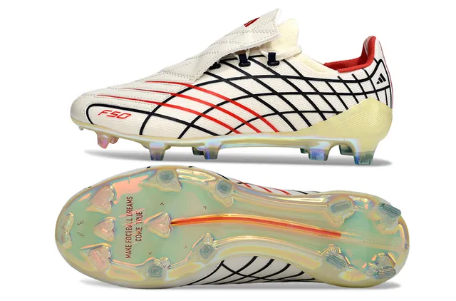 Adidas F50 White Red Grid-Patterned Upper Iridescent Translucent Sole Firm-Ground Soccer Shoes 15
