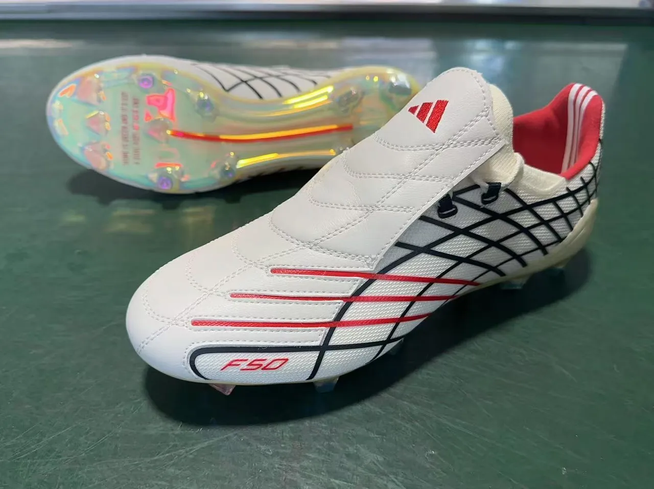 Adidas F50 White Red Grid-Patterned Upper Iridescent Translucent Sole Firm-Ground Soccer Shoes 17