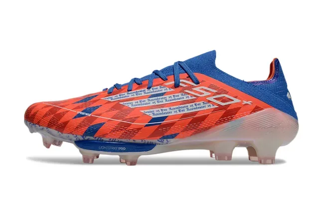 Adidas Chaussures de Football Orange et Bleu Bas Tricot Haut Motif Géométrique Terrain Firme 7