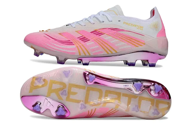 Adidas Sapatos de futebol rosa branco com padrão ondulado, upper sintético, contra-helix iridiscente, sola para campo firme 5