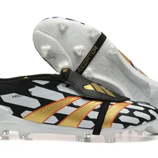 Adidas Predator Black Gold Laceless Strap Closure Geometric White Overlays Firm-Ground Soccer Shoes