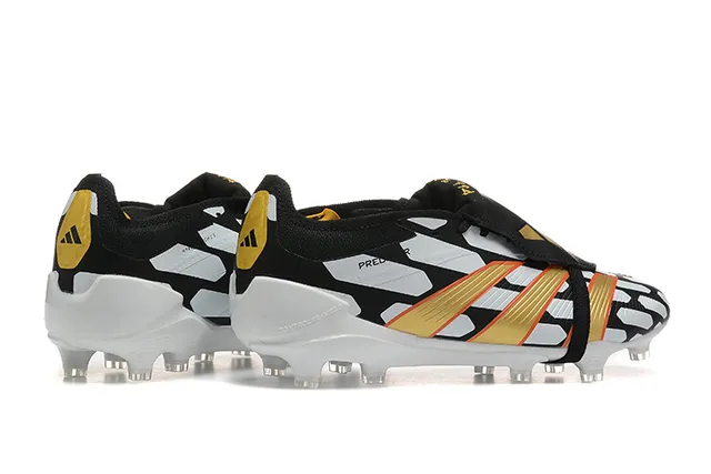 Adidas Predator Black Gold Laceless Strap Closure Geometric White Overlays Firm-Ground Soccer Shoes 2