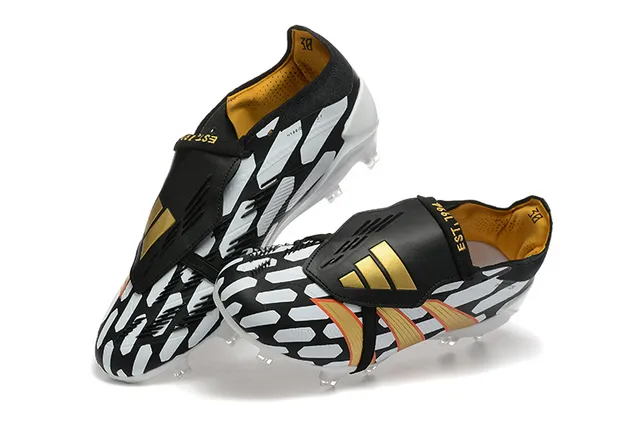 Adidas Predator Black Gold Laceless Strap Closure Geometric White Overlays Firm-Ground Soccer Shoes 3