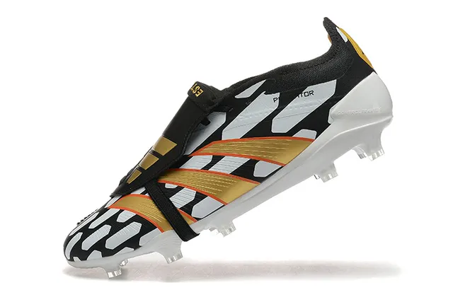 Adidas Predator Black Gold Laceless Strap Closure Geometric White Overlays Firm-Ground Soccer Shoes 5