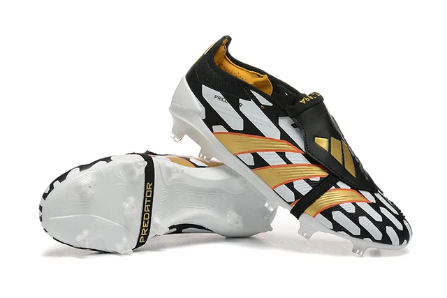 Adidas Predator Black Gold Laceless Strap Closure Geometric White Overlays Firm-Ground Soccer Shoes 6