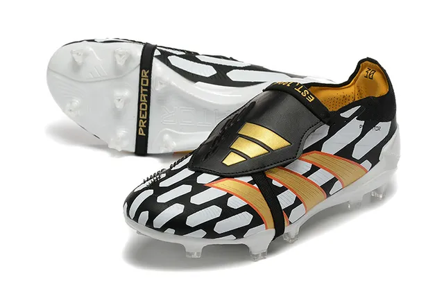 Adidas Predator Black Gold Laceless Strap Closure Geometric White Overlays Firm-Ground Soccer Shoes 7