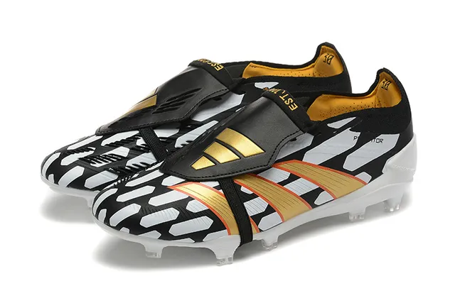 Adidas Predator Black Gold Laceless Strap Closure Geometric White Overlays Firm-Ground Soccer Shoes 8