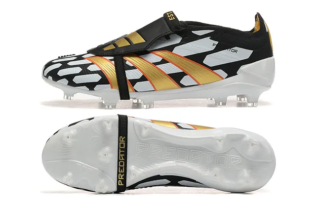 Adidas Predator Black Gold Laceless Strap Closure Geometric White Overlays Firm-Ground Soccer Shoes 9