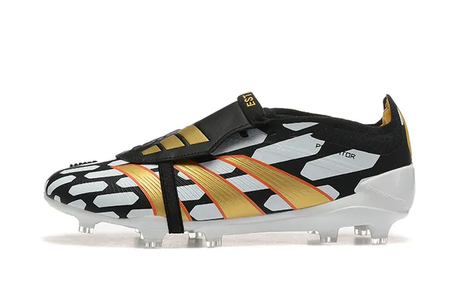 Adidas Predator Black Gold Laceless Strap Closure Geometric White Overlays Firm-Ground Soccer Shoes 10