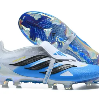 Adidas Predator सफेद नीला बिना लेस के पट्टा बंद इरिडेसेंट हॉलोग्राफिक सोलप्लेट फर्म ग्राउंड फुटबॉल जूते