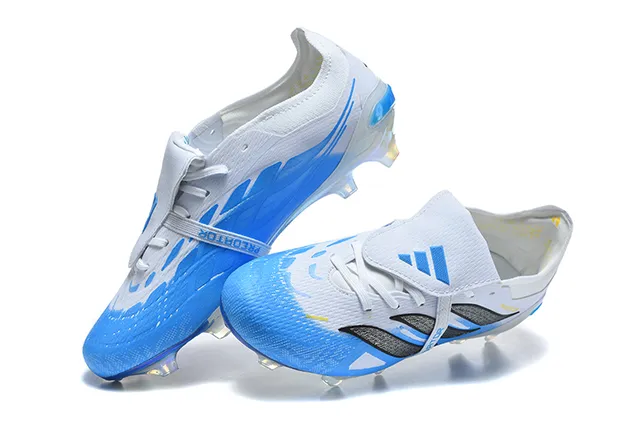 Adidas Predator Blanc Bleu Sans Lacets Fermeture à Bretelles Semelle Iridescente Holographique Sol Ferme Chaussures de Football 2