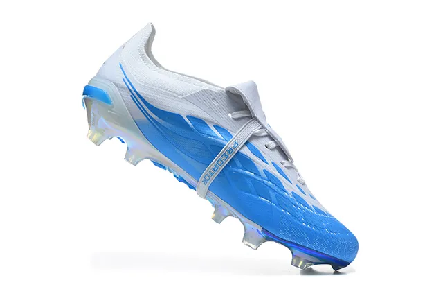 Adidas Predator Blanc Bleu Sans Lacets Fermeture à Bretelles Semelle Iridescente Holographique Sol Ferme Chaussures de Football 3
