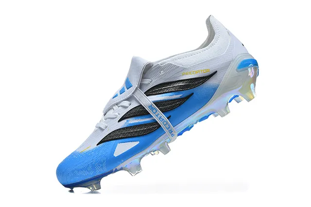 Adidas Predator Blanc Bleu Sans Lacets Fermeture à Bretelles Semelle Iridescente Holographique Sol Ferme Chaussures de Football 4