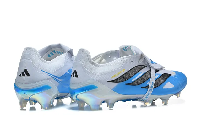 Adidas Predator Blanc Bleu Sans Lacets Fermeture à Bretelles Semelle Iridescente Holographique Sol Ferme Chaussures de Football 5