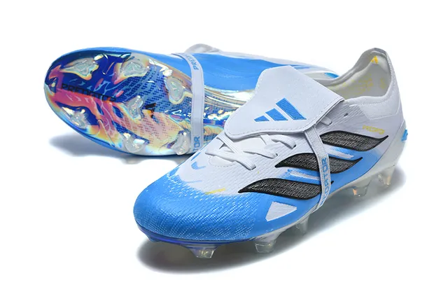 Adidas Predator Blanc Bleu Sans Lacets Fermeture à Bretelles Semelle Iridescente Holographique Sol Ferme Chaussures de Football 6