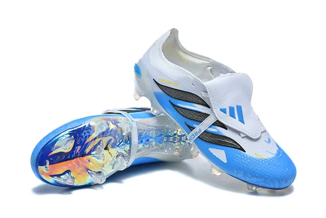 Adidas Predator Blanc Bleu Sans Lacets Fermeture à Bretelles Semelle Iridescente Holographique Sol Ferme Chaussures de Football 7