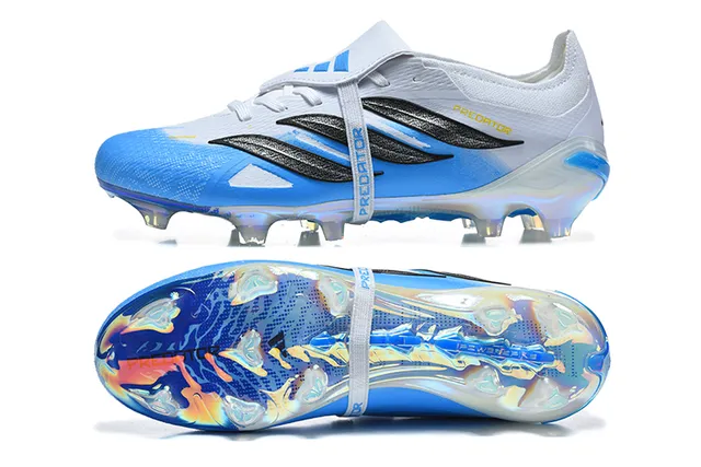 Adidas Predator Blanc Bleu Sans Lacets Fermeture à Bretelles Semelle Iridescente Holographique Sol Ferme Chaussures de Football 9