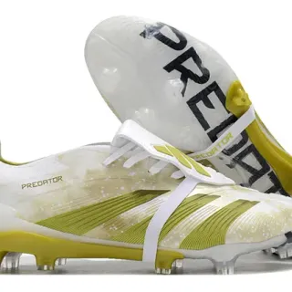 Adidas Predator White Green Low-Cut Boot Lace-Cover Strap Firm-Ground Soccer Shoes