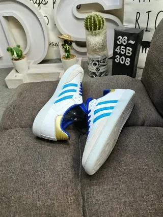Adidas Samba White Blue Low-Top Three-Stripe Side Panel Sneakers 6