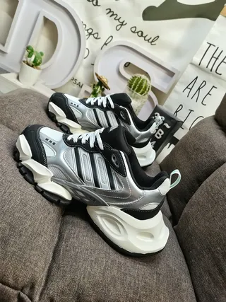 Adidas Silver Black Sculpted Sole Metallic Upper Chunky Sneakers 7