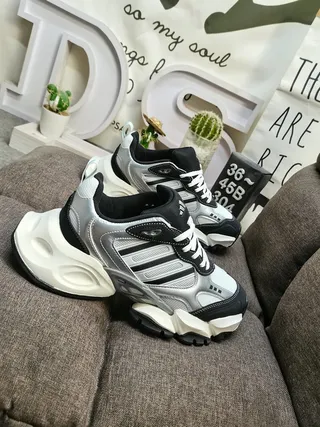 Adidas Silver Black Sculpted Sole Metallic Upper Chunky Sneakers 9