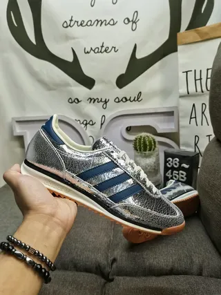 Adidas Silver Navy Metallic Cracked-Leather Upper Three Stripes Lifestyle Sneakers 5