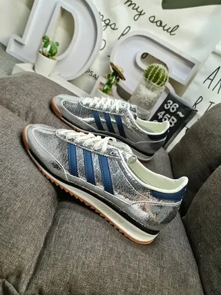 Adidas Silver Navy Metallic Cracked-Leather Upper Three Stripes Lifestyle Sneakers 7