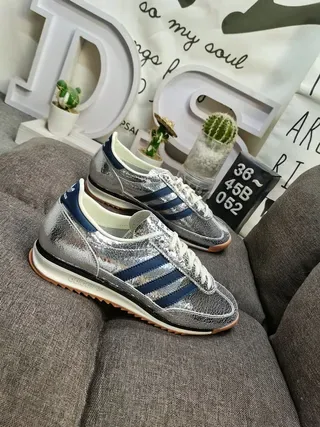 Adidas Silver Navy Metallic Cracked-Leather Upper Three Stripes Lifestyle Sneakers 9