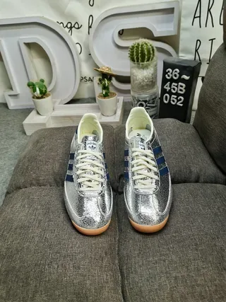 Adidas Silver Navy Metallic Cracked-Leather Upper Three Stripes Lifestyle Sneakers 10