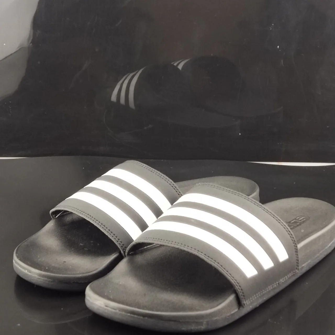 Adidas Slide Black White Molded EVA Sole Three-Stripe Strap Slippers 2