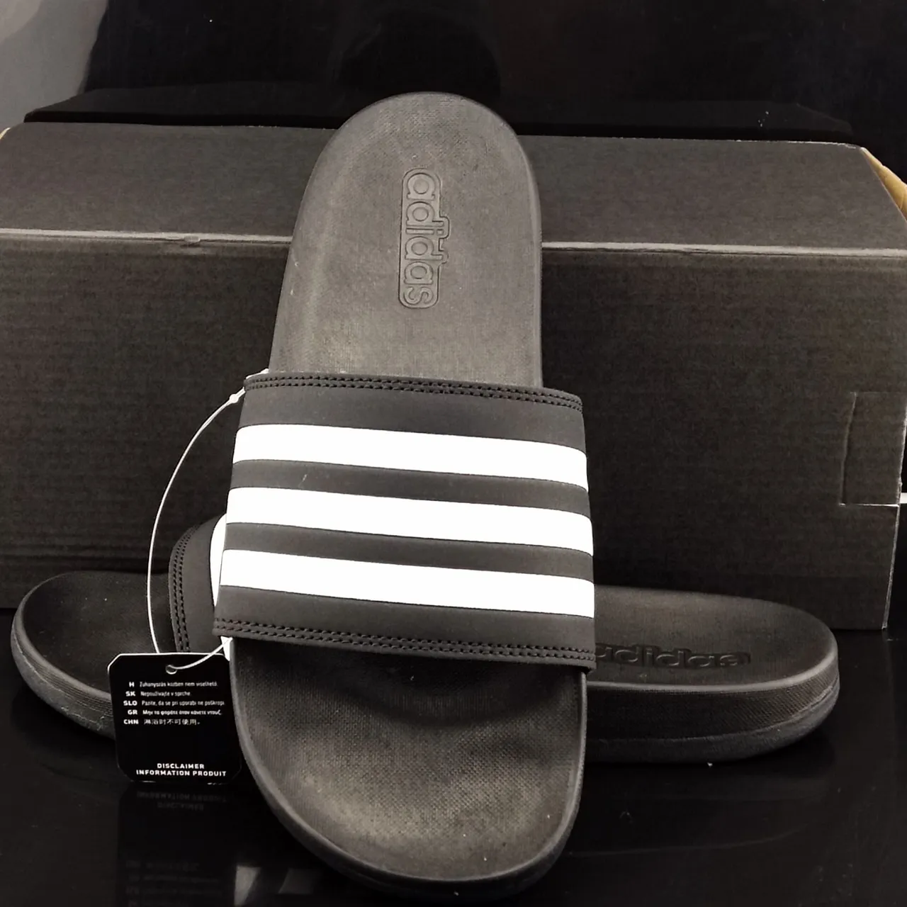 Adidas Slide Black White Molded EVA Sole Three-Stripe Strap Slippers 3