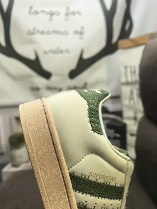 Adidas Superstar Beige Green Shell Toe Textured Stripes Lifestyle Sneakers 3