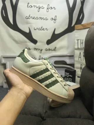 Adidas Superstar Beige Green Shell Toe Textured Stripes Lifestyle Sneakers 5