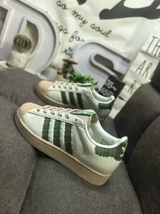 Adidas Superstar Beige Green Shell Toe Textured Stripes Lifestyle Sneakers 7