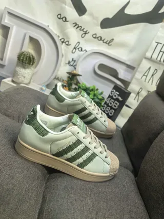Adidas Superstar Beige Green Shell Toe Textured Stripes Lifestyle Sneakers 9