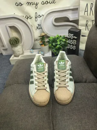 Adidas Superstar Beige Green Shell Toe Textured Stripes Lifestyle Sneakers 10