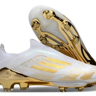 Adidas White Gold Low-Cut Sock-Fit Upper Metallic Stripe Detailing Firm-Ground Soccer Shoes