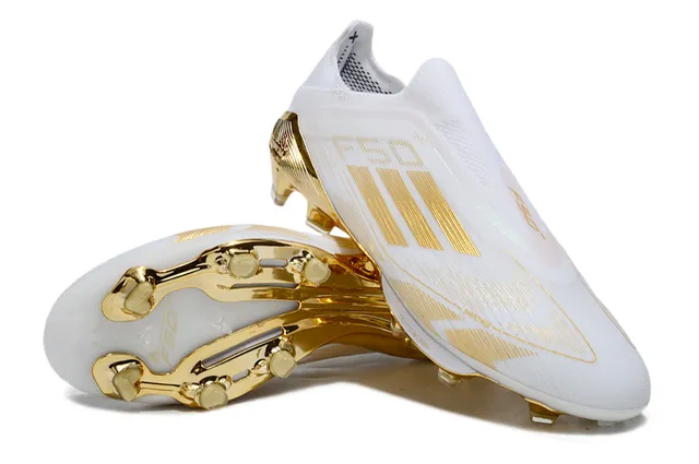 Adidas White Gold Low-Cut Sock-Fit Upper Metallic Stripe Detailing Firm-Ground Soccer Shoes 4