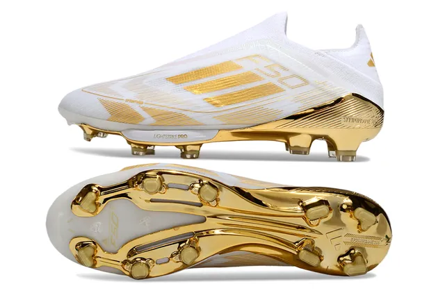Adidas White Gold Low-Cut Sock-Fit Upper Metallic Stripe Detailing Firm-Ground Soccer Shoes 6