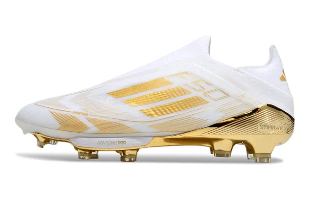Adidas White Gold Low-Cut Sock-Fit Upper Metallic Stripe Detailing Firm-Ground Soccer Shoes 7