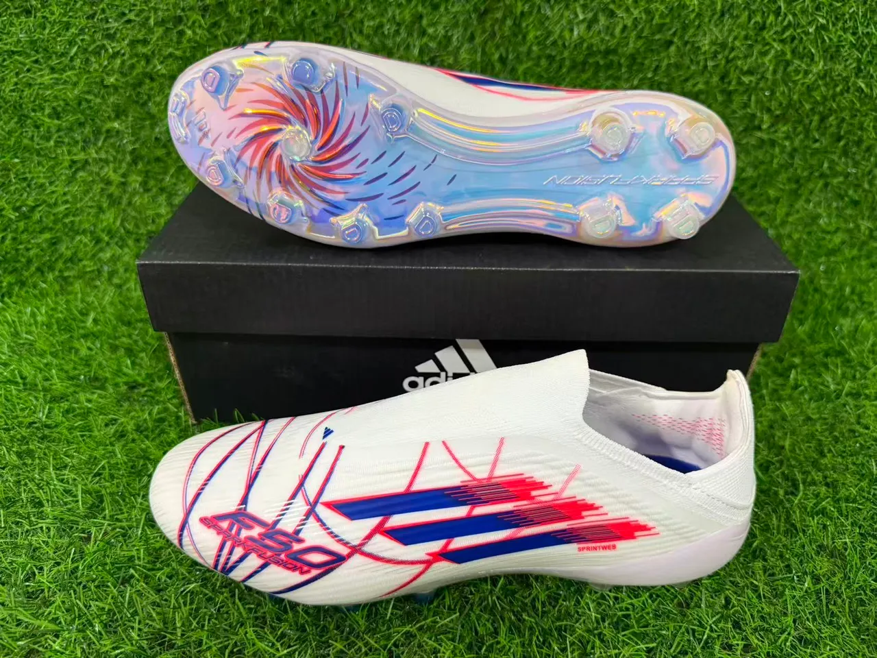 Adidas White Multicolor Sock-Fit Upper Translucent Iridescent Outsole Firm-Ground Soccer Shoes 7