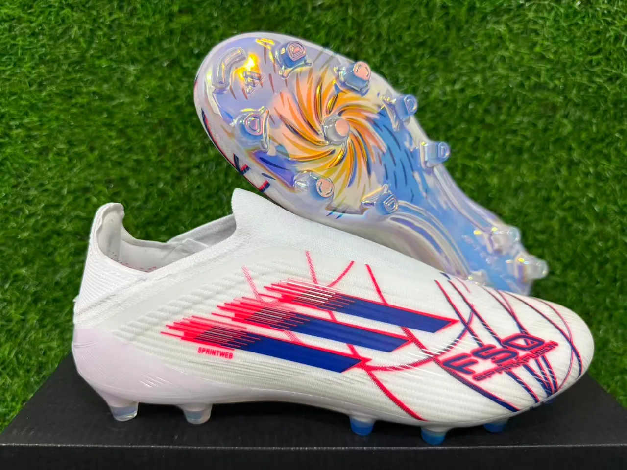 Adidas White Multicolor Sock-Fit Upper Translucent Iridescent Outsole Firm-Ground Soccer Shoes 9