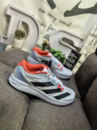 Adidas White Orange Lightweight Racing Flat Breathable Mesh Upper Running Shoes 9