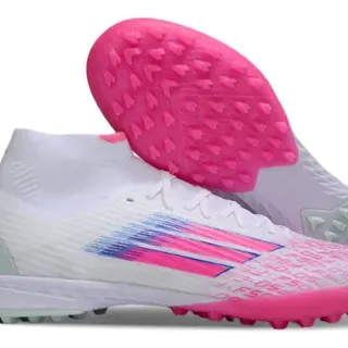Adidas Zapatos de fútbol para césped blanco y rosa de alto tobillo con collar de calcetín ajustado y gráficos de rayas gradientes