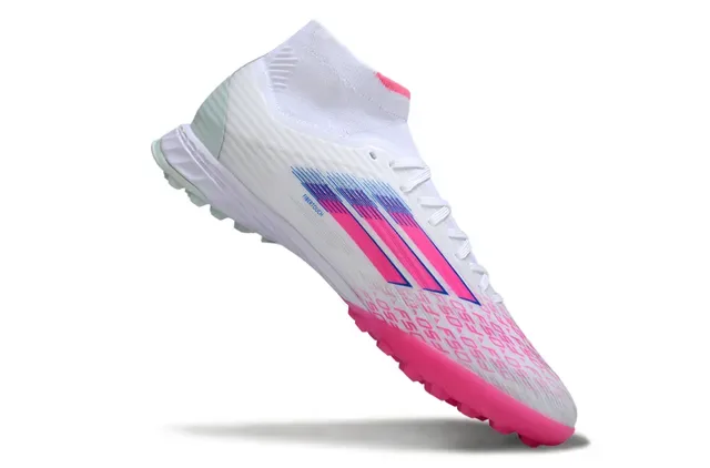 Adidas Chaussures de football pour gazon blanc et rose à col haut avec encolure de chaussette et motifs de rayures dégradées 2